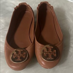 Tory Burch Brown Leather Minnie Travel Ballet Flats with Gold Logo